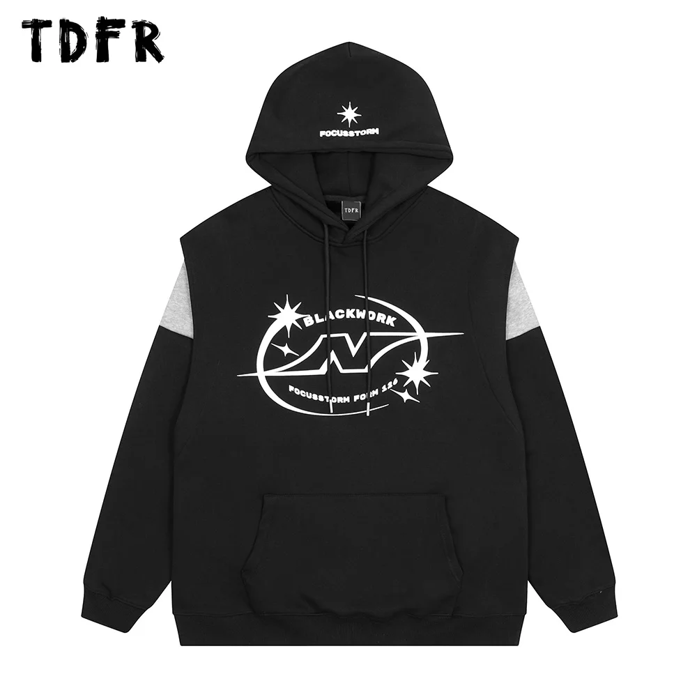 

Letter Print spliced Sweatshirts Mens Autumn Winter Fleece Casual Streetwear Loose Long Sleeve Hooded Sweatshirts Men