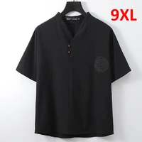 9xl big size t shirt men summer short sleeve linen tshirt casual linen tees tops male v neck embroidery t shirt plus size 9xl