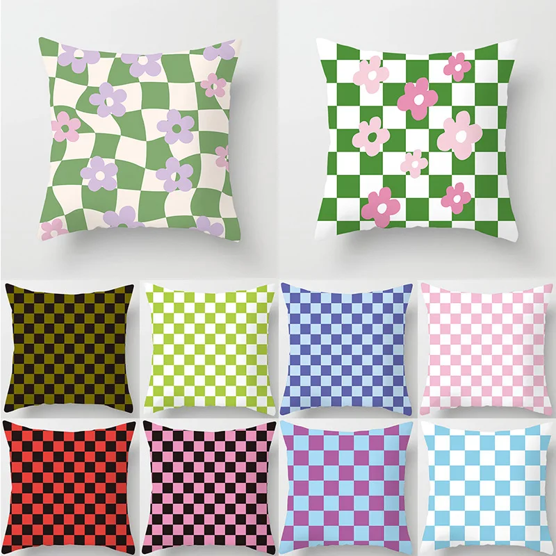 

Chess Board Plaids Flower Print pillowcase Summer Geometric Cushion Cover For Sofa Home decor Throw Pillows 45*45cm Pillow Case