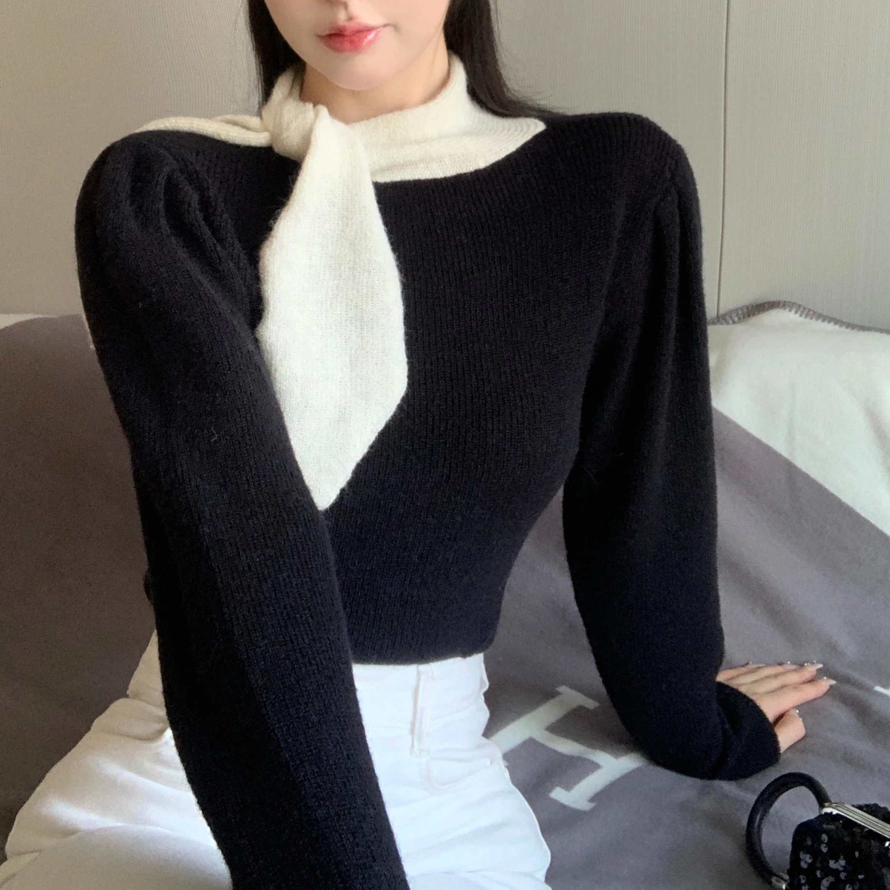 

Женский свитер с длинным рукавом, теплый мягкий кашемировый пуловер в Корейском стиле с бантом, в стиле ретро, зима 2022