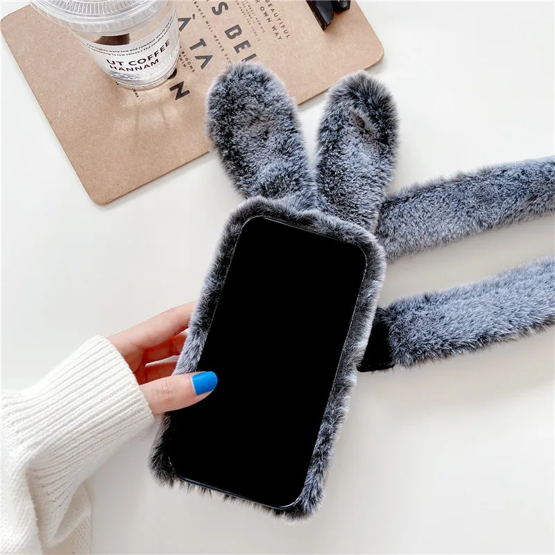 Fluffy Plush Fur Shoulder Strap Case For iPhone 12 Mini 11 13 14 Pro Max XS Max XR X SE 2022 6S 6 7 8 Plus 5S Neck Lanyard Cover images - 6