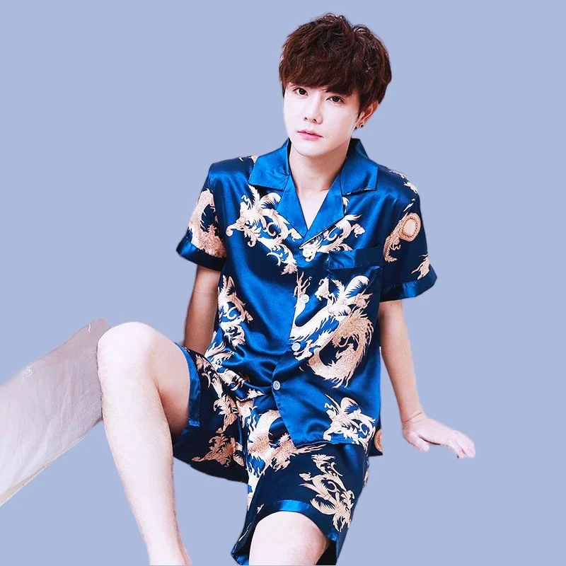 Men's Pajamas Set Full Sleeve T-shirt Long Pants 2Piece/Set Spring/Summer Sexy Dragon Print Pyjama Big Size Homewear Cozy PJS