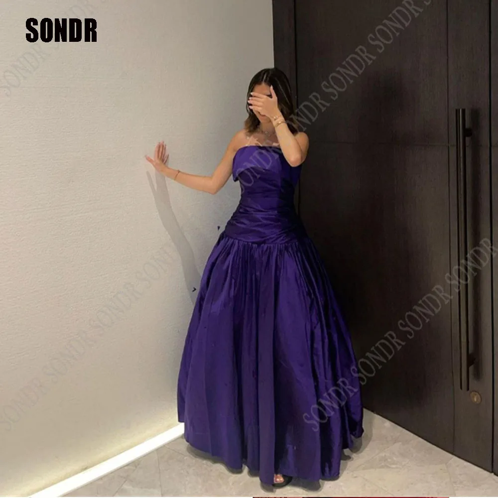 

Simple Purple Taffeta A Line Pleated Evening Dresses Strapless Sleeveless Custom Long Formal Occasion Dress Prom Party Gowns