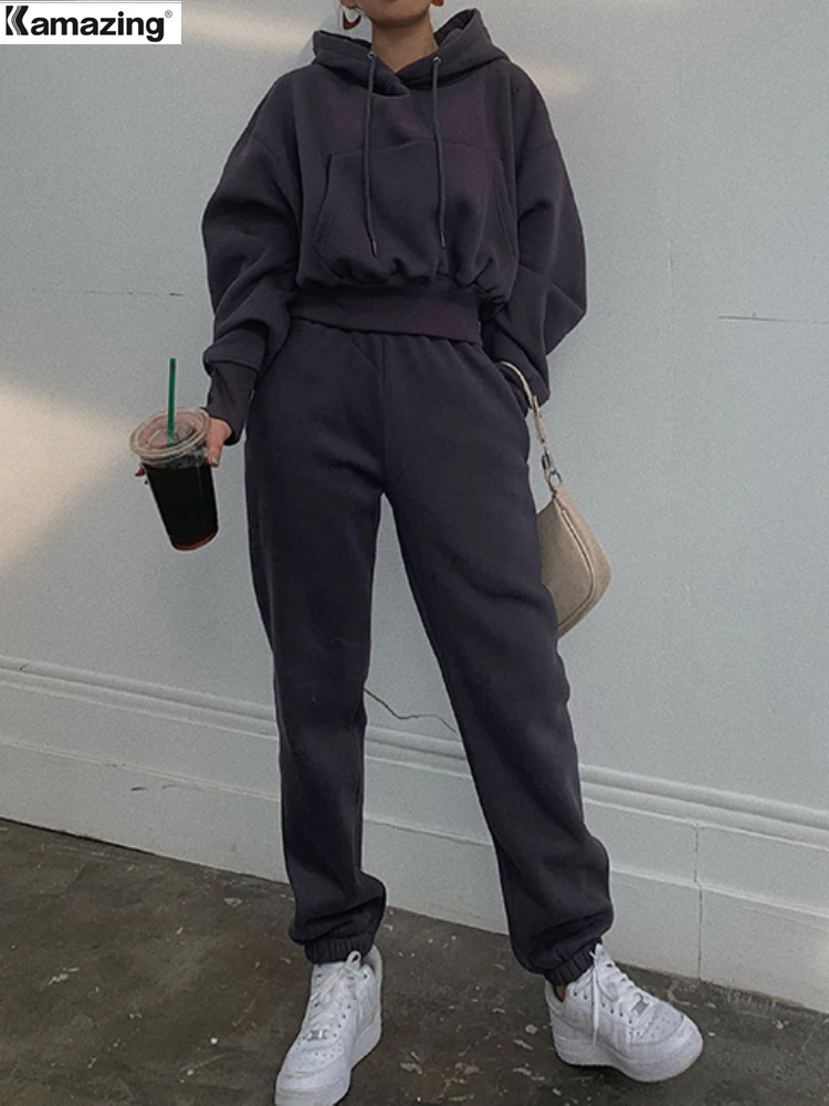 

Hoodies Suit Winter Spring Solid Casual Tracksuit Women Fleece 2 Pieces Set Sports Sweatshirts Pullover Home Sweatpants Outfits