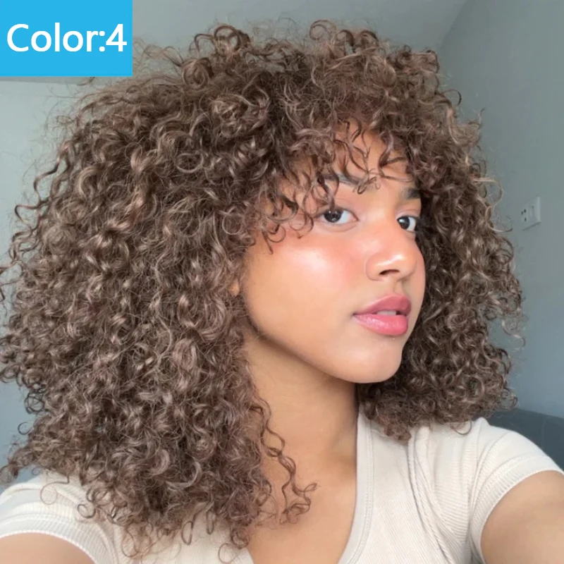 Bouncy Shaggy Bang Wig Short Curly Bob Wig With Bangs Brazilian Water Wave Wigs No Lace Curly Human Hair Full Machine Hair Wigs