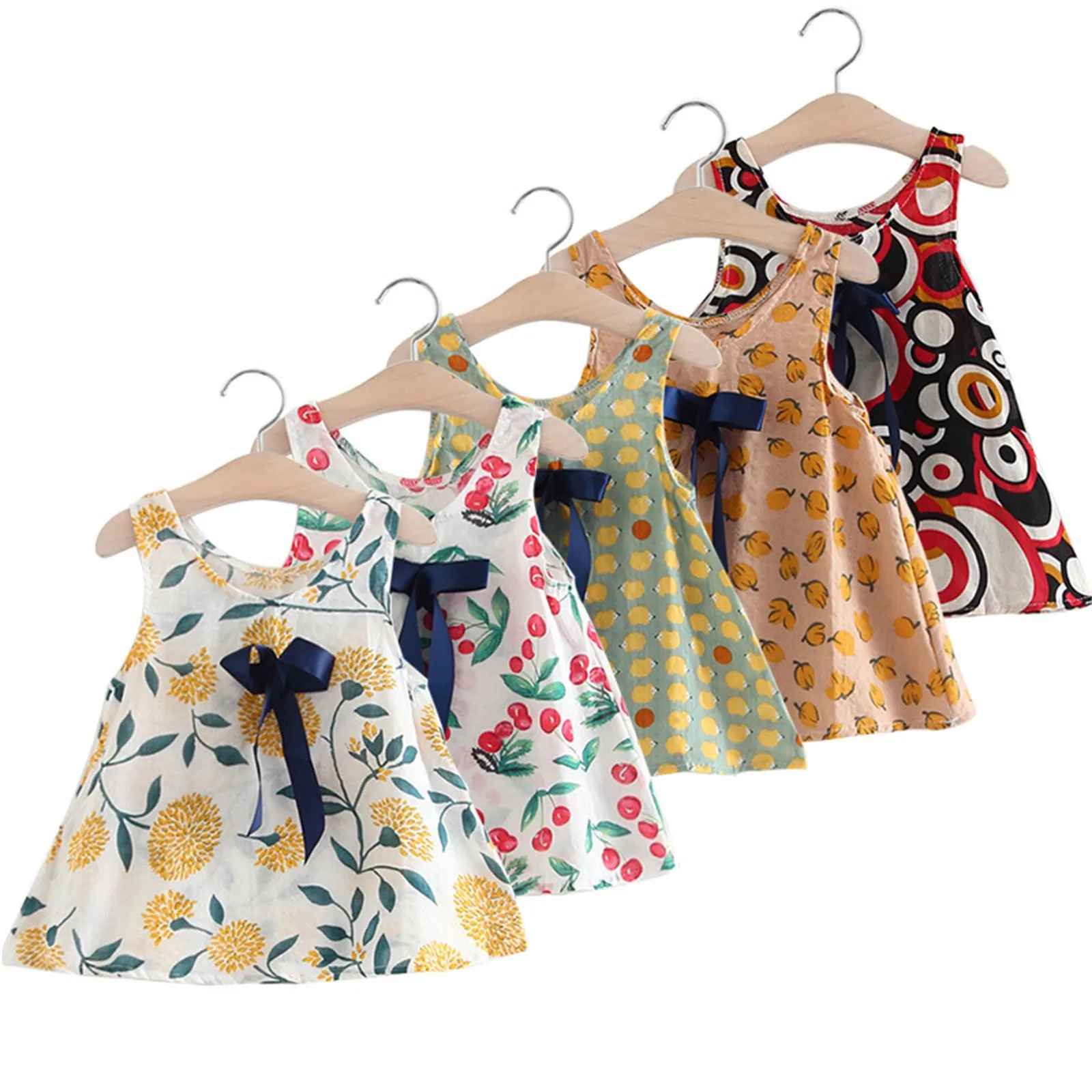 

Детское платье без рукавов, с цветочным принтом и бантом