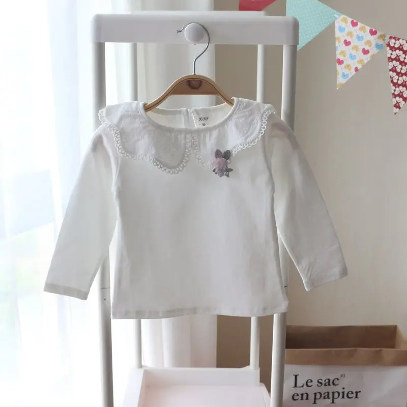 Autumn New White Lapel Children's Bottom T-Shirt Girls' Doll Collar Lace Baby Long Sleeve T Shirt for Kids 2-8 Years