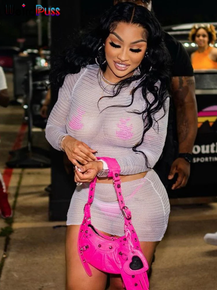 

Женский прозрачный комплект из 2 предметов, Летний Тонкий короткий топ с длинным рукавом и юбка бриллианта, полуночная тонкая Клубная одежда, облегающие наряды