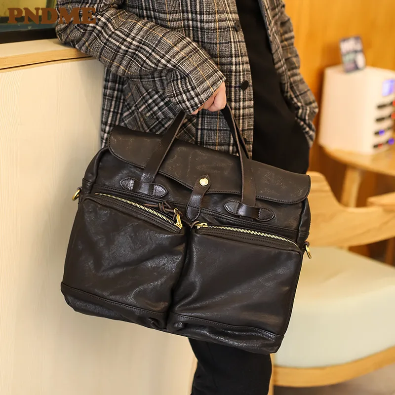 PNDME casual luxury genuine leather men women briefcase business black handbag work travel cowhide laptop shoulder messenger bag