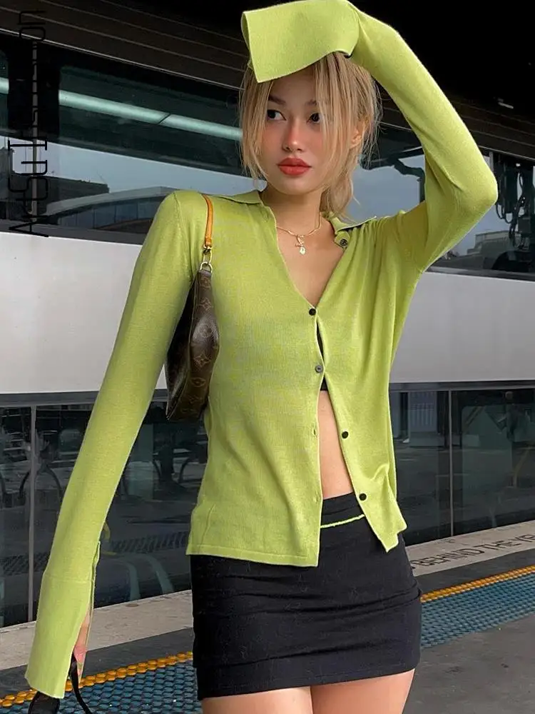 

Green Women's Shirt Basic Top Spring V Neck Button Blouses Sexy Crop Top Long Sleeve Top Ladies Club Party T Shirts Blouse