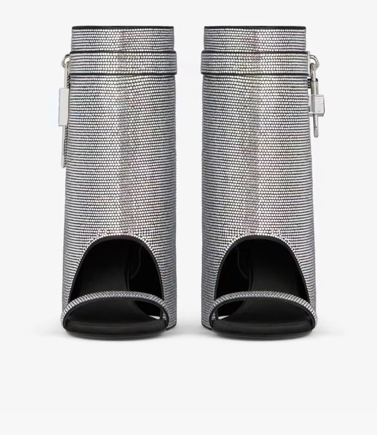 2023 Women's High Heel Summer Boots Open Toe Black Women's Boots Rhinestone Silver Round Head Knee Length Fashion Boots Large 43