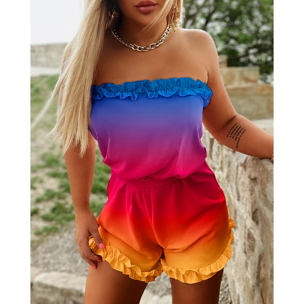 

Summer Woman Casual Chic Ombre Frill Hem Bandeau Sleeveless Above Knee Vacation Romper 2022