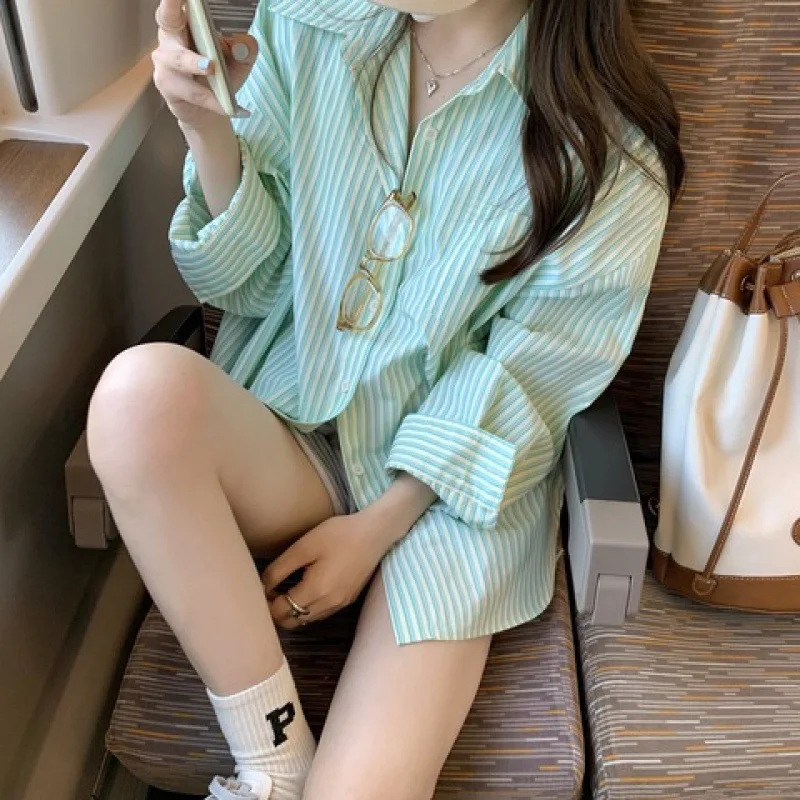 

Женская свободная рубашка в зеленую полоску, Новые повседневные рубашки на весну и осень, топы для отдыха в пляжном стиле с длинным рукавом, новые модные футболки