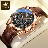 olevs multifunctional luxury sport watches for men corium strap waterproof quartz men wristwatch luminous moon phase chronograph