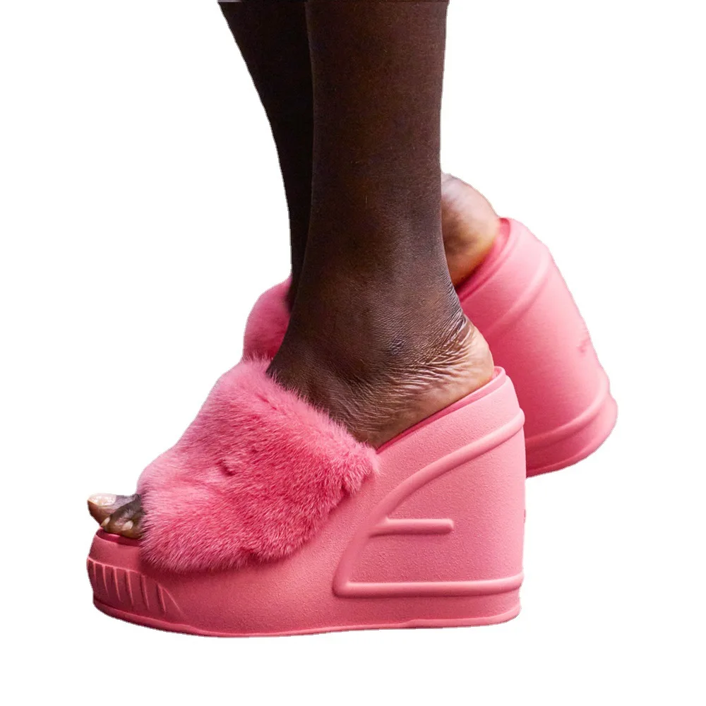 2023 Summer New Wedge Platform Mink Fur round Head Slip-on Slippers High Heel Sandals Large Size Women's Shoes