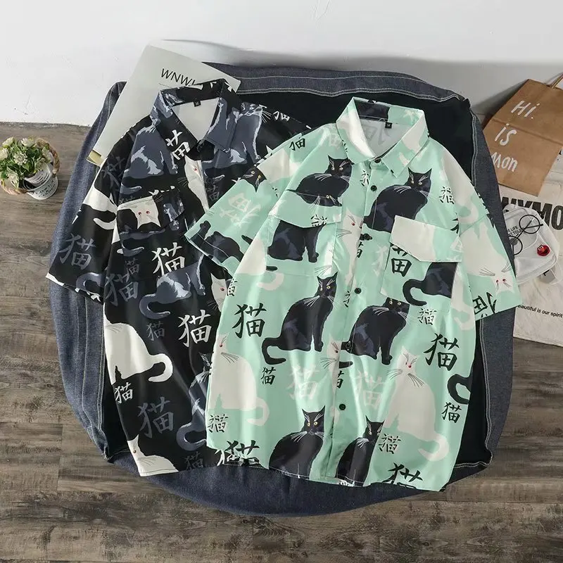 

Size Black Shirts Short Hawaiian Big Men Cat Floral Shirt Sleeve Lapel Mens Hawaii High Quality Summer Beach Animal Printed