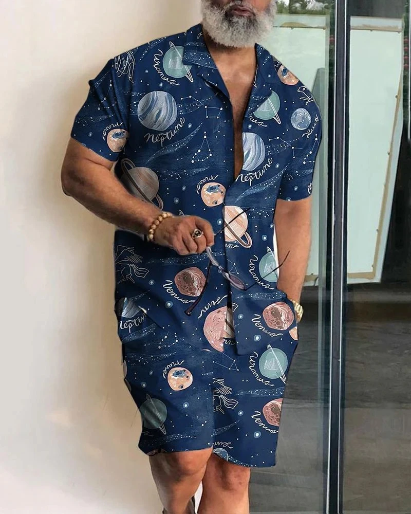 New Fashion Summer Shirt Men's Butterfly Printed Suit Casual Short-sleeved Shirt Shorts Two-piece Hawaii Beach Men's Set