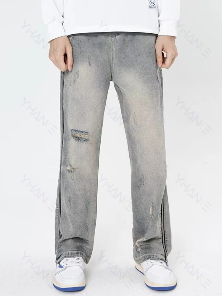 Wide Leg Cargo Pants Streetwear Baggy Jeans New Spring Autumn Men Jeans Ripped Loose Straight Male Brand Clothing Blue Denim