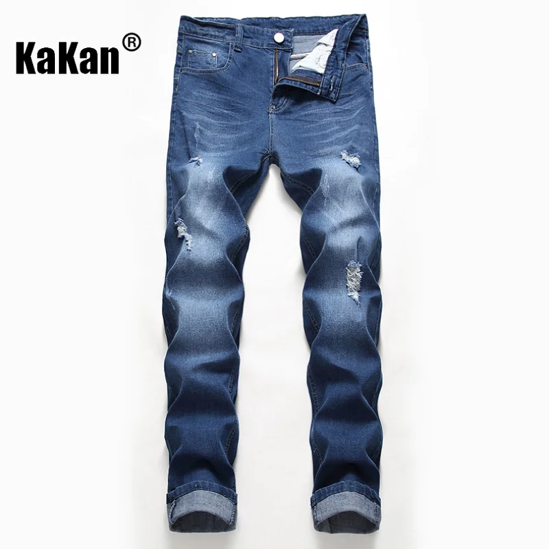 Kakan - New European and American distressed jeans for men's wear, worn out high street trend straight leg long jeans K36-995