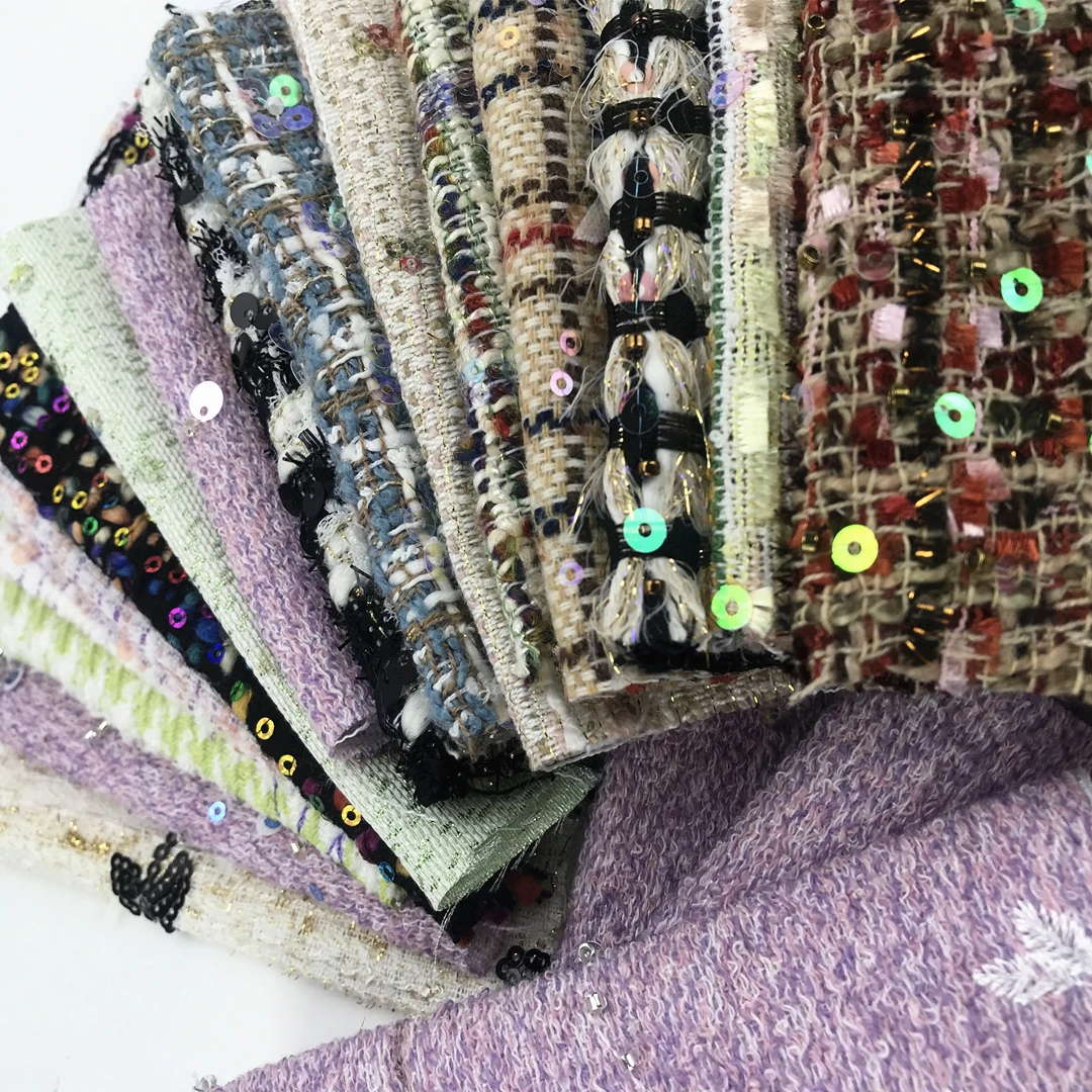

Tweed Small Fragrance Tweed Woolen Tweed Fabric With Craft Sequin Embroidery
