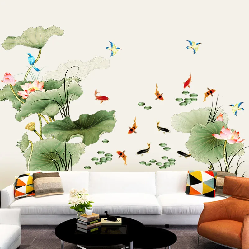 

Chinese Style Goldfish Lotus 3d Living Room Warm Self-adhesive Removable Waterproof TV Background Wall Decoration Painting.