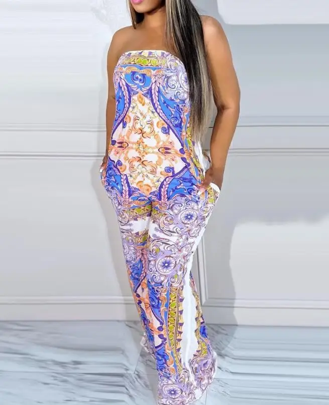 

2023 Summer New Casual Women's Commuter Jumpsuit Fashion Style Baroque Scarf Print Bandeau Wide Leg Jumpsuit Ottd