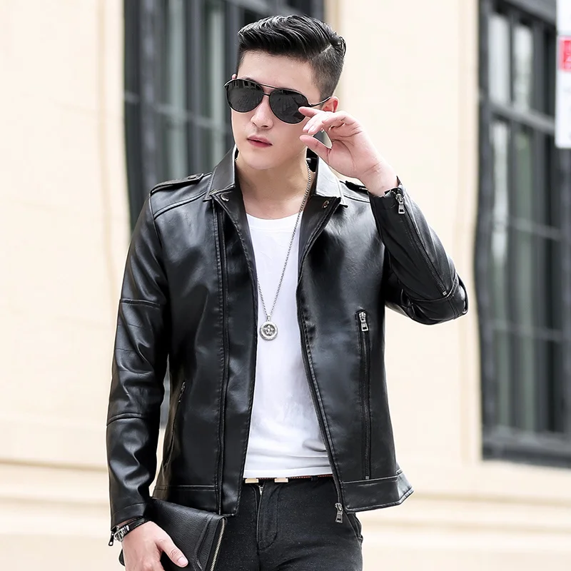 

leather jacket short hansome casual jacket Korean style trend Slim handsome youth leather jacket New lapel leather jacket men's