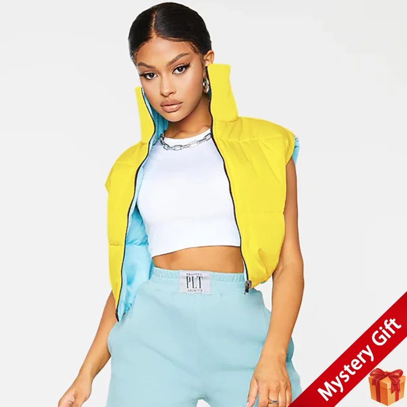 

Spring Zip Up Puffer Veste sans manche femme New Contrasting Colors Both Front and Back Waistcoat Casual Bread Cotton jacket