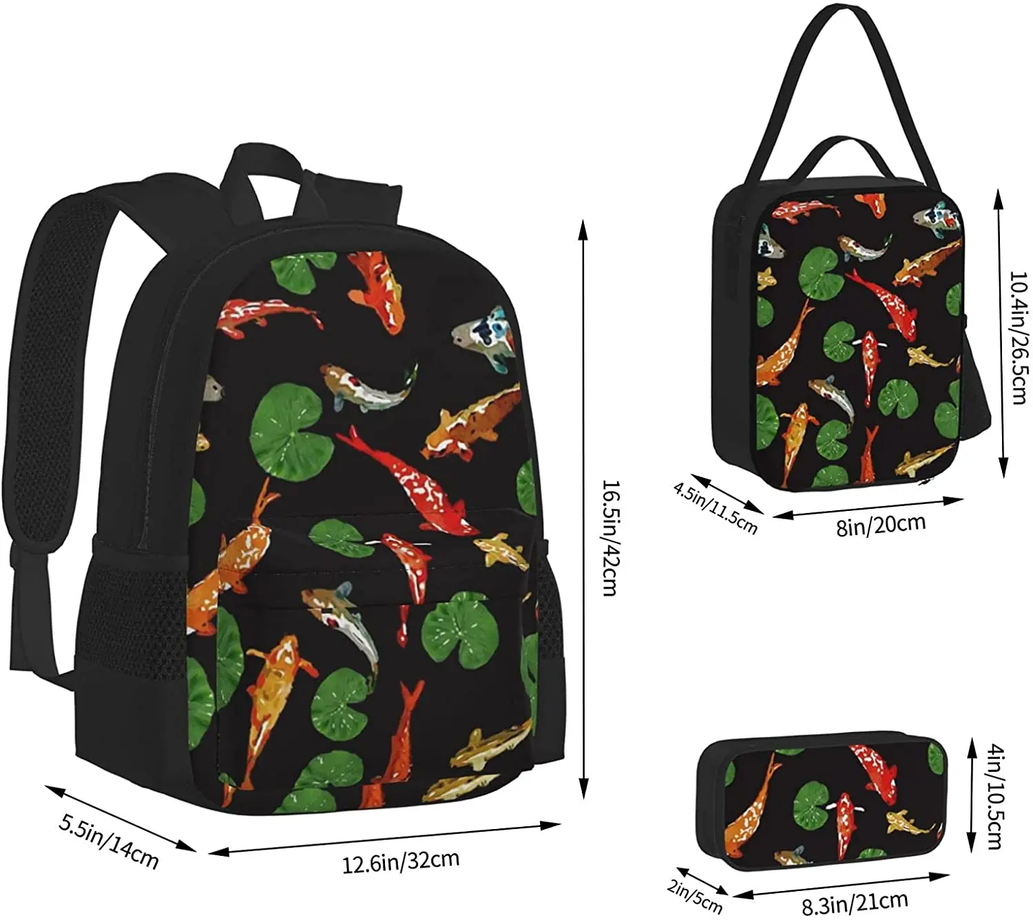 Koi Pond Dance Black Backpack Set 3-Piece Teen Boys Girls Backpack Messenger Lunch Bag Pencil Case Set