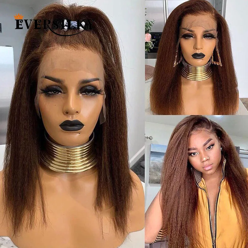

Pre Plucked Natural Hairline Kinky Straight Auburn Brown 360 Lace Front Human Hair Wigs Glueless 13x6 Lace Wigs for Black Women