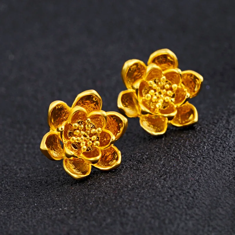 

Pure Dubai 24k Fried Dough Lotus Flower Earrings for Women Girlfriend Wedding Birthday Gift 999 Gold Earrings Fine Jewelry Gifts