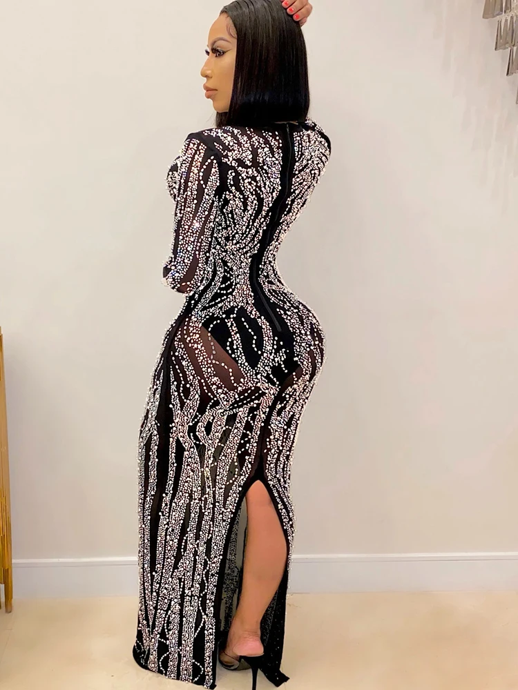 Women 2022 Elegant Gorgeous Crystal Gown Deep V Neck Mesh Patchwork Sequin Maxi Dress Special Occasion Outfits