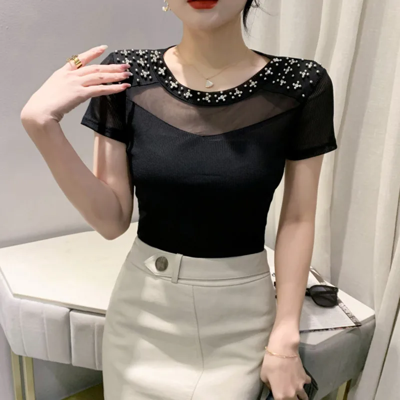 # 5355 Сексуальная сетчатая футболка с коротким рукавом Femme круглым вырезом в