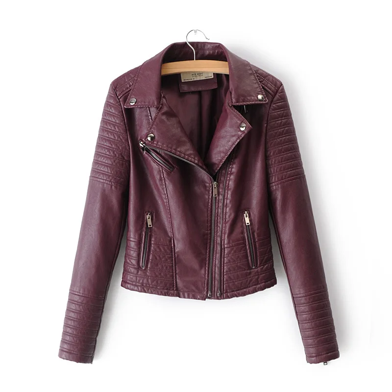 Burgundy Red Leather  Jacket Women's 2022 Autumn Women's Leather Coat Short Fit European  American Motorcycle Leather Jackets