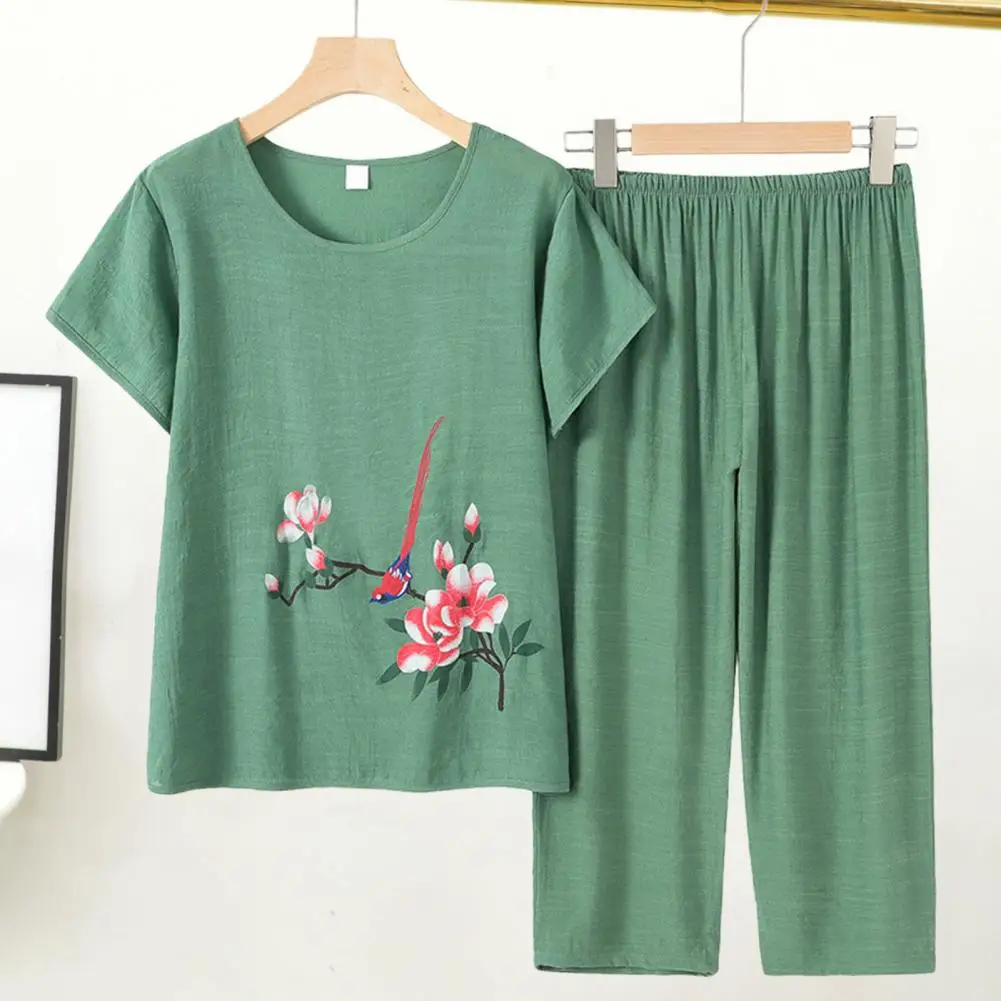 

Women T-shirt Pants Set Flower Print Women's Summer Pajama Set O-neck Top High Waist Pants Casual Tracksuit Outfit for Females