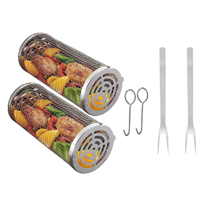 

2 PCS Grill Basket Rolling Grilling Baskets Silver For Outdoor Grilling,Bbq Grill Basket Cylinder.Barbeque Accessories