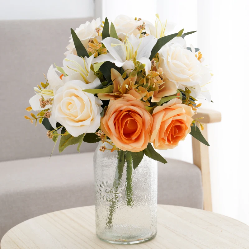 

Artificial Rose Lily Bouquet Home Room Decoration Simulation Silk Fake Flower Wedding Party Supplies Birthday Gift