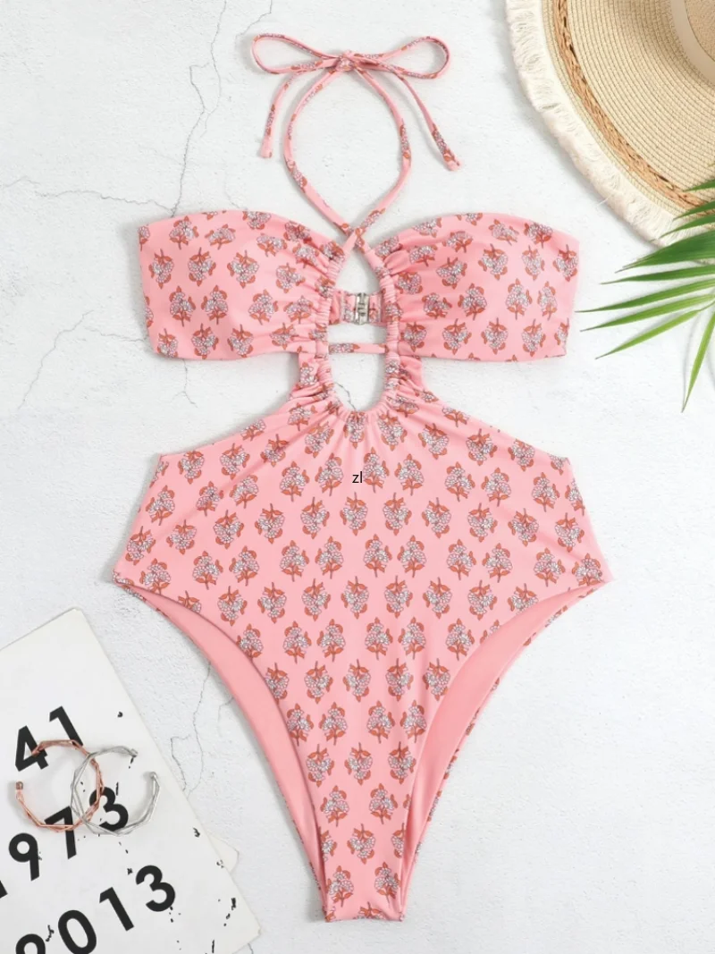 Swimsuit Cover-up Printed One Piece Swimsuit And Skirt High Waist Slim Strap Bikini Elastic Elastic Beach Skirt Trendy Elegant