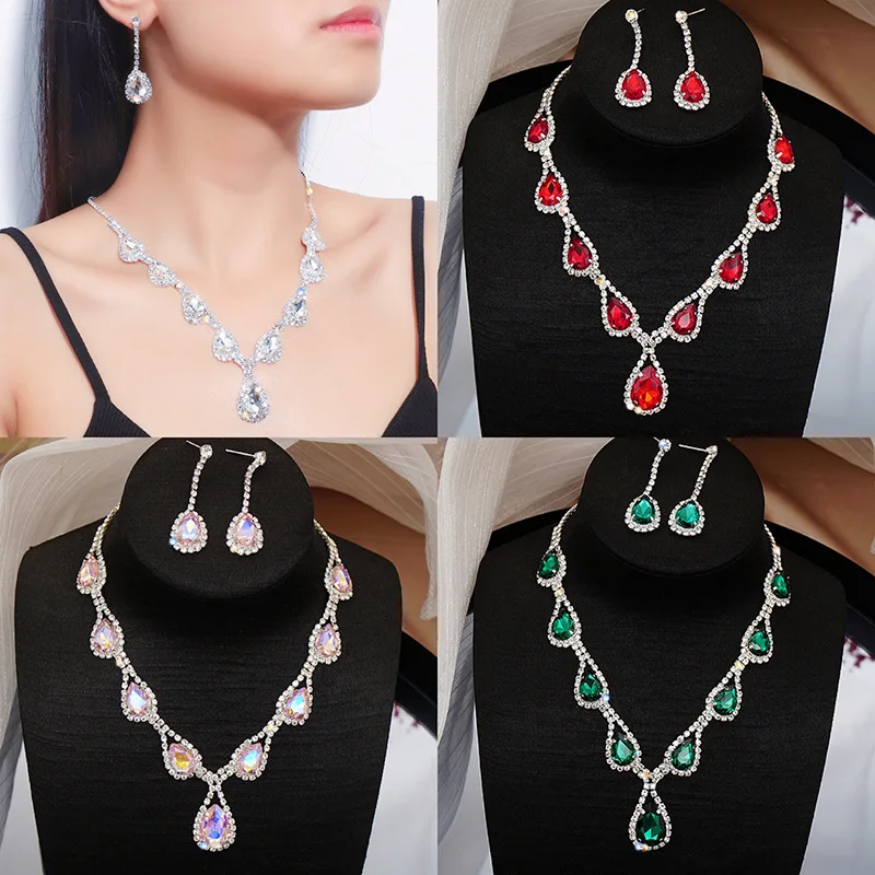 

New European and American Bridal Necklace Jewelry Set High-end All-match Crystal Color Collarbone Chain Earrings Two-piece Set