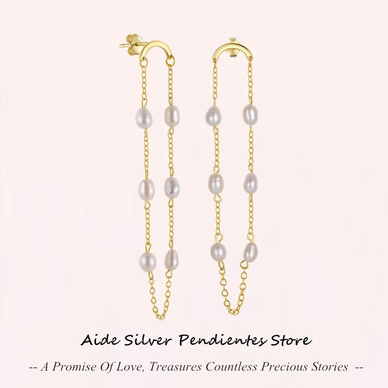 

AIDE Curved Fringe Pearl Chain Stud Earrings 925 Sterling Silver Exquisite Jewelry Accessories For Engagement Women's Earrings