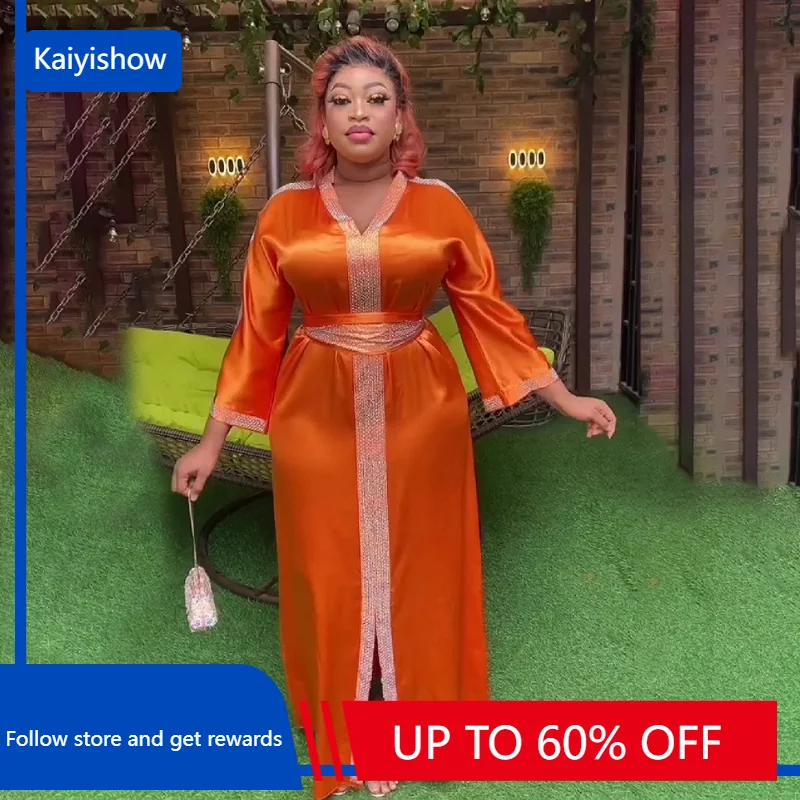 

African Women Fashion Dress Faux Silk Fabric Diamond Belt V-Neck Elegant Robe