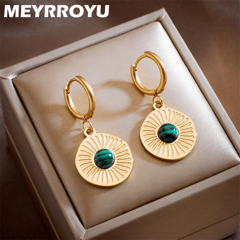 

MEYRROYU 316L Stainless Steel New Round Metal Green Stone Charm Hoop Earrings for Women Statement Jewelry Gift Aretes De Mujer