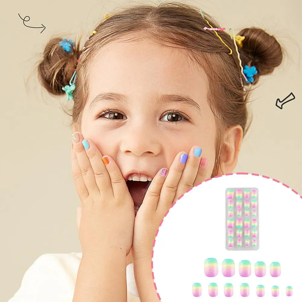 

Fashion Rainbow Manicure Patch For Girl Kids Gradient Color Adhesive Gel Nail Strips Patch False Finger Nails Cover U6Y9