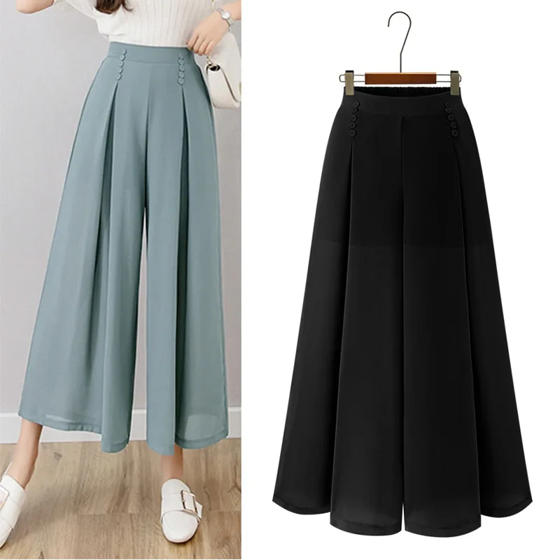 New Solid Color Wide Leg Pants Women Chic Pleated Elastic High Waist Loose Trousers Summer Casual Flowing Chiffon Pants