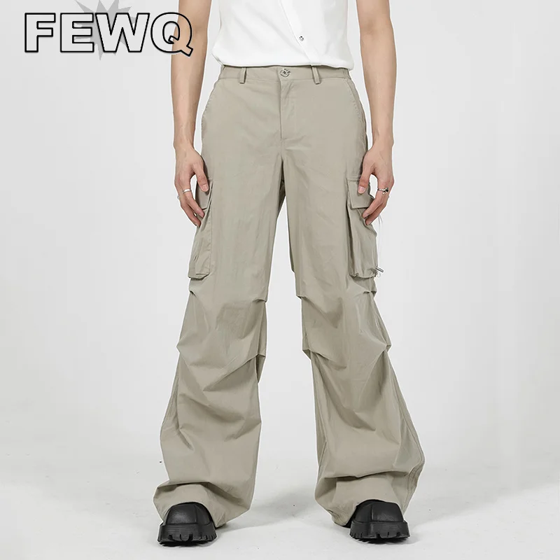 

FEWQ Pleated Large Pocket Men's Cargo Pant Solid Color Male Safari Style Trousers High Street Niche Design Overalls Chic 24B3041