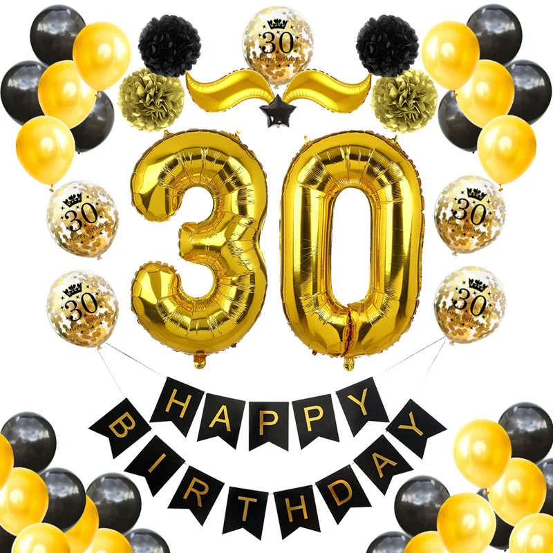 

1 Set Adult 30 Years Old Happy Birthday Confetti Balloons Decor Black Gold 60th 50th 40th 20th Latex Ballon Banner Party Supplie