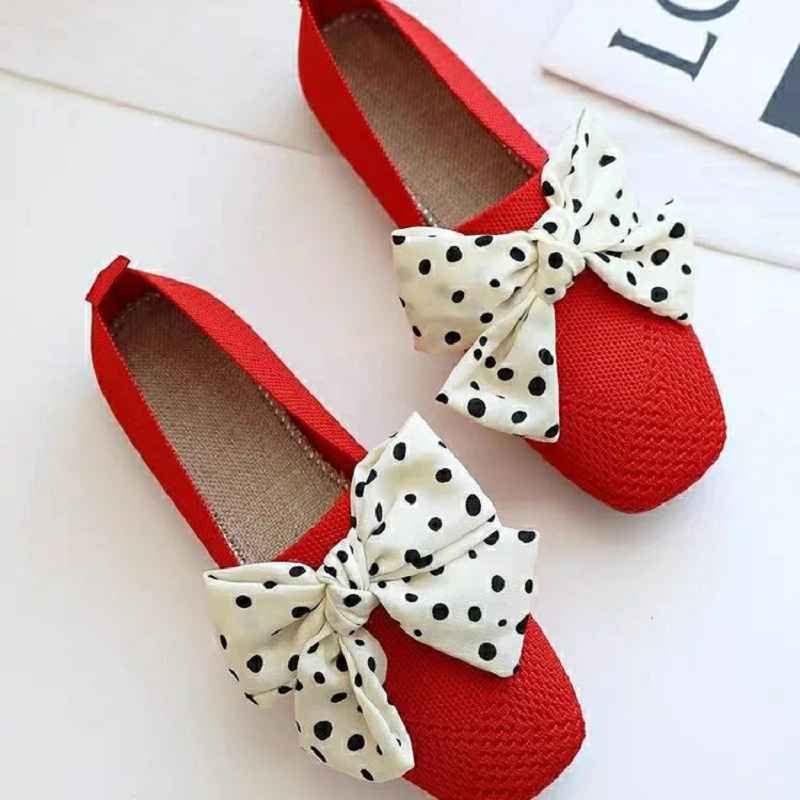 Red square toe flats woman slip on barefoot walking shoes 42 women polka dots bowknot loafers ladies knitted stretch moccasins