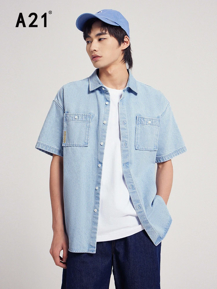 

A21 Men's Casual Baggy Embroidery Denim Shirts Summer 2022 Fashion Loose Streetwear Button Shirt Male Vintage Short Sleeve Tops