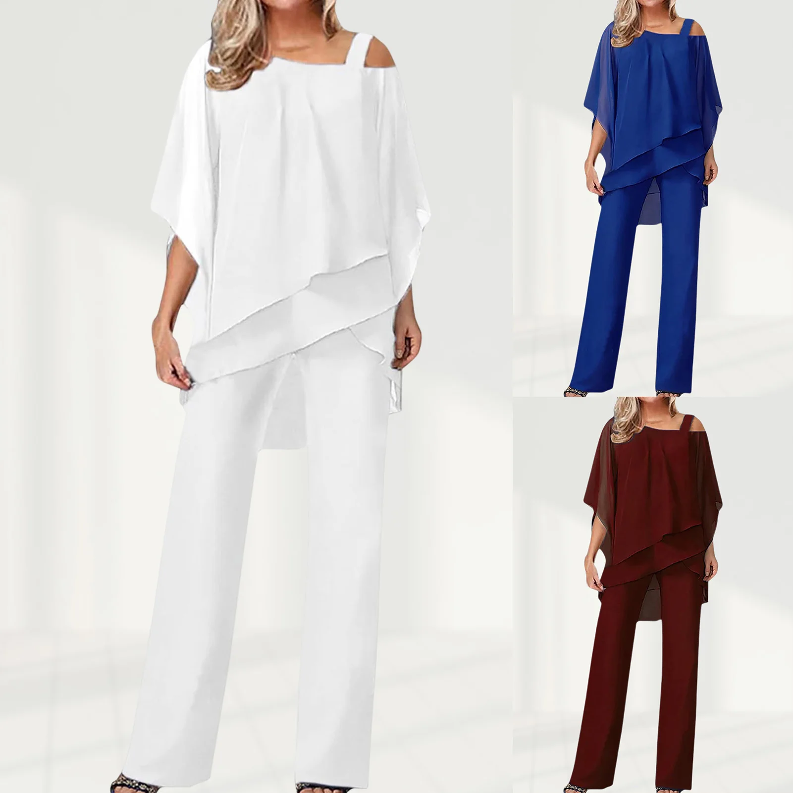 

Women Flowy Top & Comfy Trousers Set Elegant Chiffon 2 Piece Matching Set Casual Chic Solid Asymmetrical Hem Wedding Party Gowns