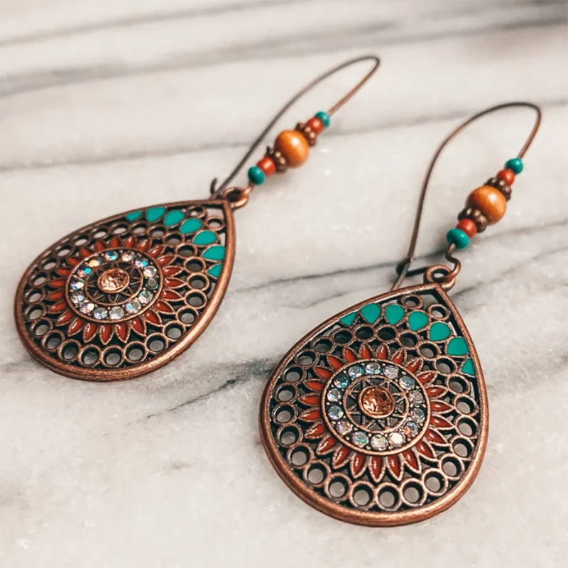 

Multicolour Teardrop Earring Bohemian Boho Ethnic Style Dangle Drop Earring Bronze Distressed Brass Gypsy Retro Gift Accessories